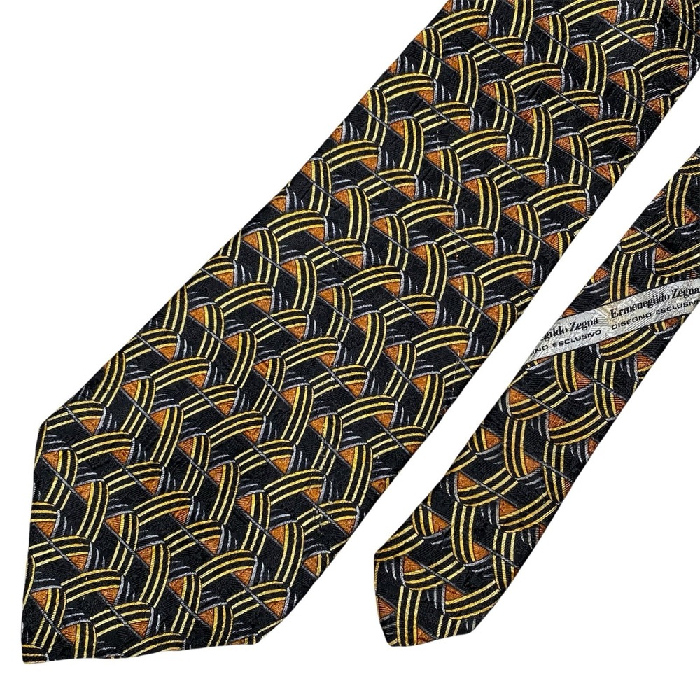 Ermenegildo Zegna Tie 60x4 LONG WIDE Silk 3D Textured Gold Silver Orange Black